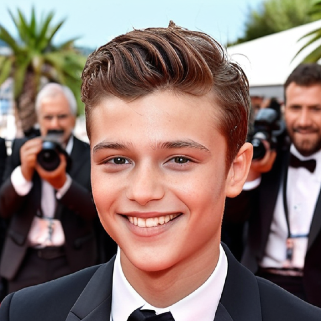 ** A charismatic young actor from Montenegro on the red carpet at the Cannes Film Festival in 2015, accepting the Best Actor award for "The Summer of Love". The actor is sharply dressed in a tailored suit, exudes confidence, and has a warm, inviting smile. The background is filled with flashing cameras and adoring fans.

**