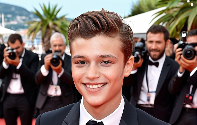 ** A charismatic young actor from Montenegro on the red carpet at the Cannes Film Festival in 2015, accepting the Best Actor award for "The Summer of Love". The actor is sharply dressed in a tailored suit, exudes confidence, and has a warm, inviting smile. The background is filled with flashing cameras and adoring fans.

**