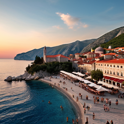 **A bustling Montenegrin coastal town at sunset, filled with tourists, showcasing the beauty of the Adriatic Sea and the country's reliance on tourism. Include diverse ethnicities interacting, symbolizing the challenges and opportunities of a multi-ethnic society. The atmosphere should be hopeful yet hint at the economic vulnerabilities.**