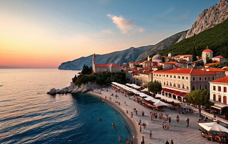 **A bustling Montenegrin coastal town at sunset, filled with tourists, showcasing the beauty of the Adriatic Sea and the country's reliance on tourism. Include diverse ethnicities interacting, symbolizing the challenges and opportunities of a multi-ethnic society. The atmosphere should be hopeful yet hint at the economic vulnerabilities.**